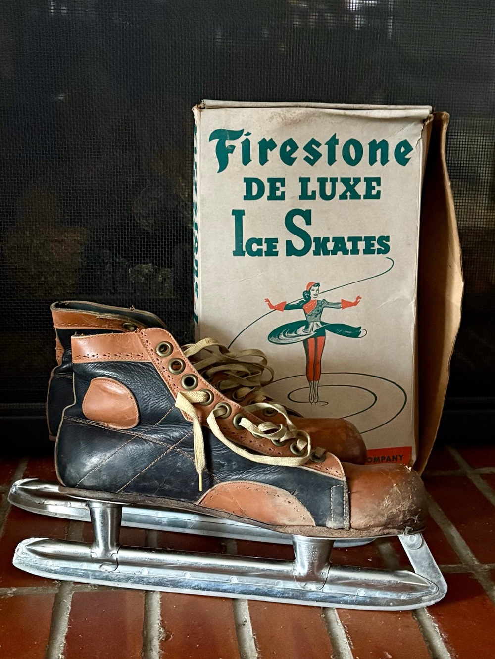 Vintage Firestone De Luxe Ice Skates Two-Tone Leather Men's Size 10 With Box